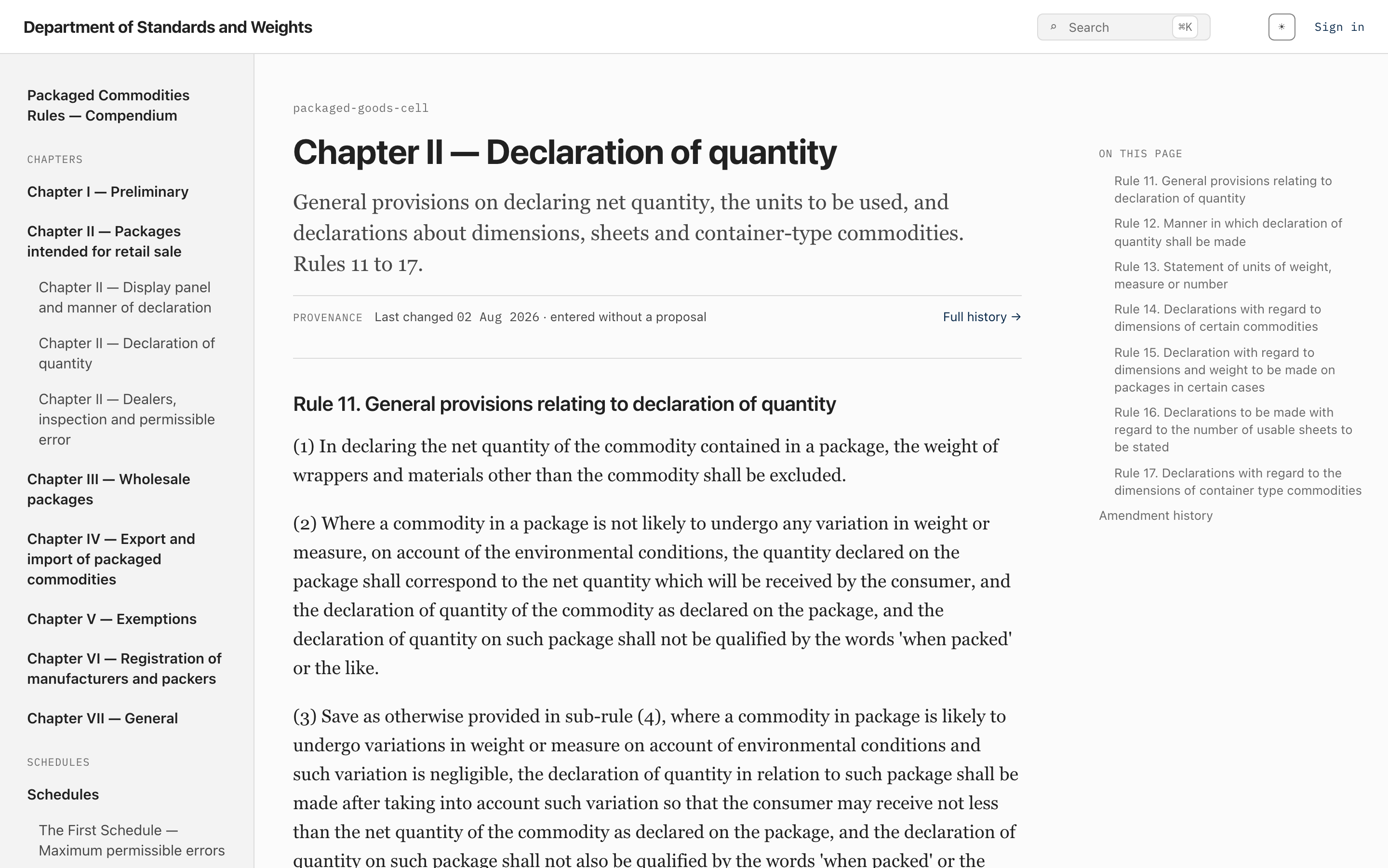 One chapter of a rules compendium as a reader sees it: chapter navigation down the left, the rules as running text, and a rule index on the right ending in an amendment history link. A provenance line under the title gives the date the page last changed and links to its full history.