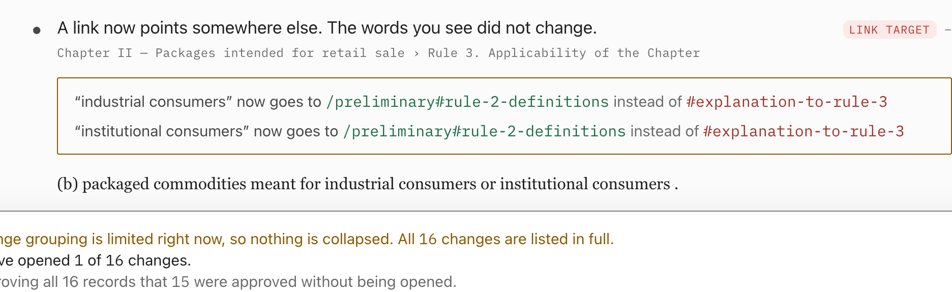One change opened. A box states that "industrial consumers" and "institutional consumers" now go to the rule 2 definitions instead of the explanation to rule 3. Below the box, the sentence containing both phrases is shown in full with no insertions or deletions marked on it.