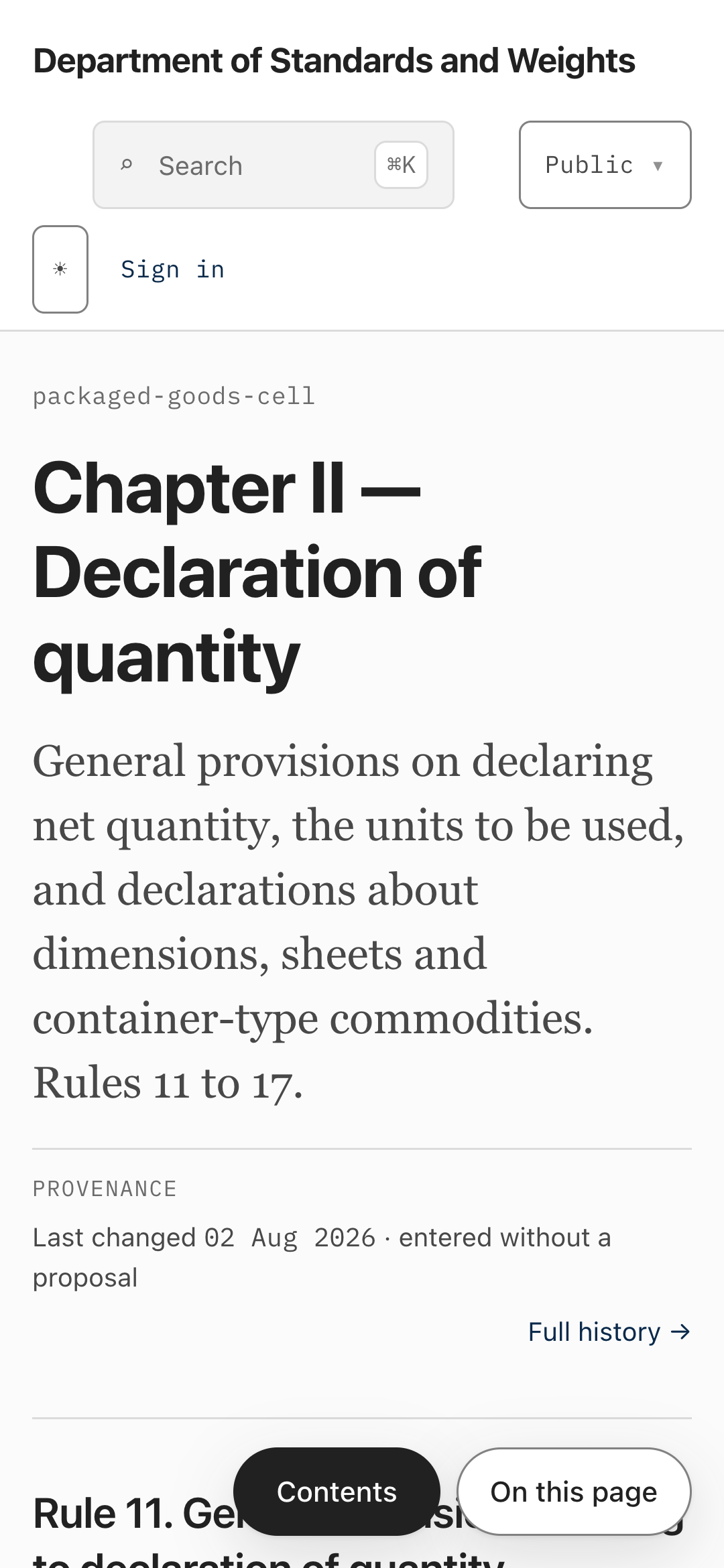 A rules chapter as a phone shows it: the department's name, a search field and a visibility selector, then Chapter II — Declaration of quantity, a summary covering rules 11 to 17, and a provenance block giving the date the page last changed, that it was entered without a proposal, and a link to the full history. Two controls rest at the foot of the screen, contents and on this page.