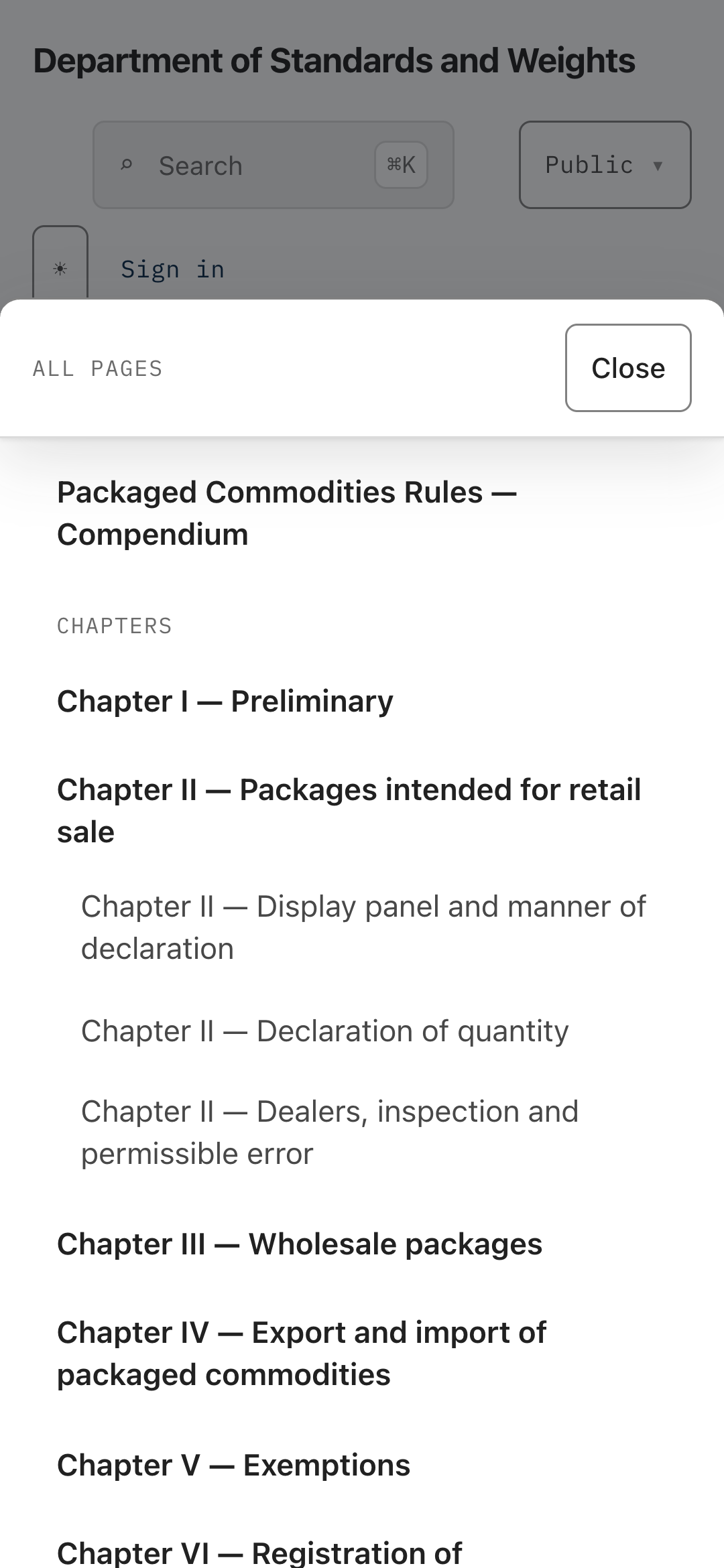 A sheet covering most of a phone screen, headed "all pages" with a close control. Below it the compendium's own tree: Packaged Commodities Rules — Compendium, then chapters one to six, with three indented sub-pages under Chapter II for the display panel, the declaration of quantity, and dealers and permissible error. The department's name is visible above the sheet.