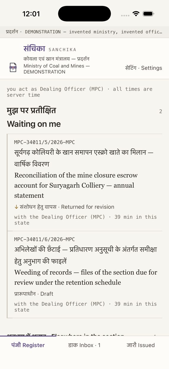 The Sanchika app on a phone: the register tab in Hindi and English — 'waiting on me' with two files, each with its number, state and desk.